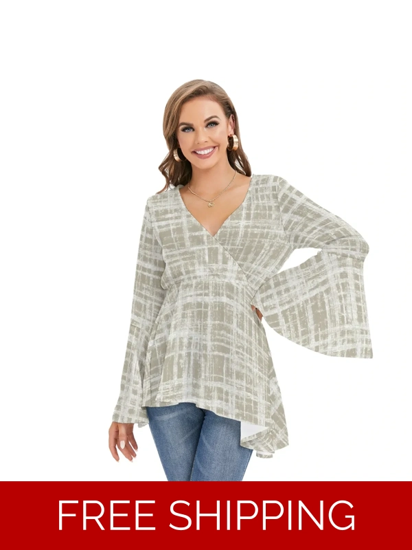 Motiff V-Neck Blouse with Flared Sleeves